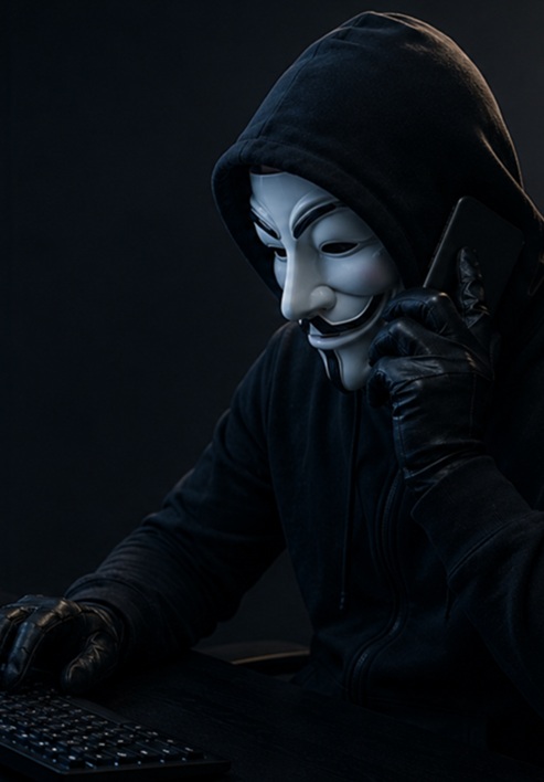 An individual wearing a Guy Fawkes mask, a black hoodie, and gloves, typing on a keyboard while talking on a phone, illustrating a cyber threat for a Scam Guide for Senior