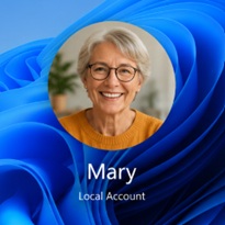 A Windows 11 user profile screen showing a circular profile picture of a smiling elderly woman with glasses and short grey hair. Below the picture, the name 'Mary' and the text 'Local Account' are displayed against a blue wavy background.