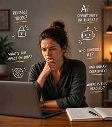 A thoughtful woman sitting at her laptop, surrounded by handwritten questions and icons about how to use AI as a personal assistant effectively.