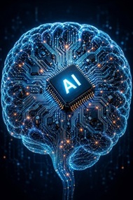 A digital glowing brain made of circuit board pathways with a central processor chip labeled AI illustrating how to Use AI as a Personal Assistant