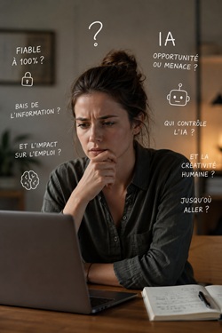 A thoughtful woman sitting at her laptop, surrounded by handwritten questions and icons about how to use AI as a personal assistant effectively.