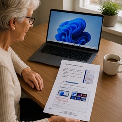 A senior woman following step-by-step instructions from printed PC guides for beginners and seniors while sitting in front of her laptop.